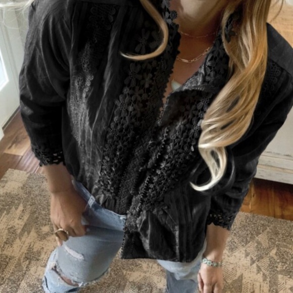 New Bohemian Black Lace Button Front Blouse /  Top Summer Dress Vintage Boho - Picture 6 of 9